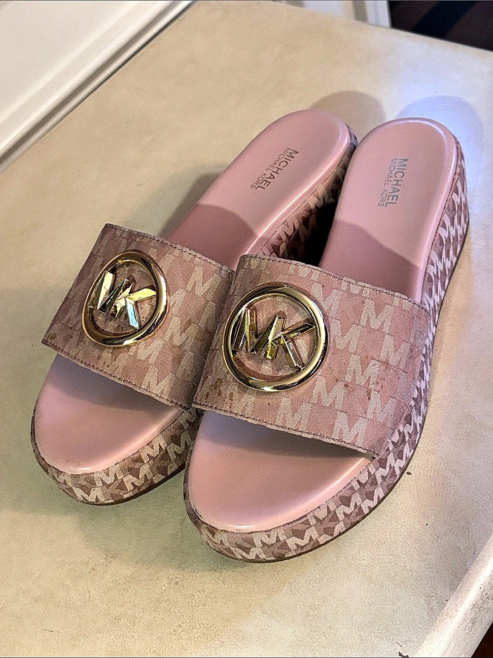 Michael Kors Sadler Logo Jacquard Platform Slide Sandal Pink Wedge Sandals